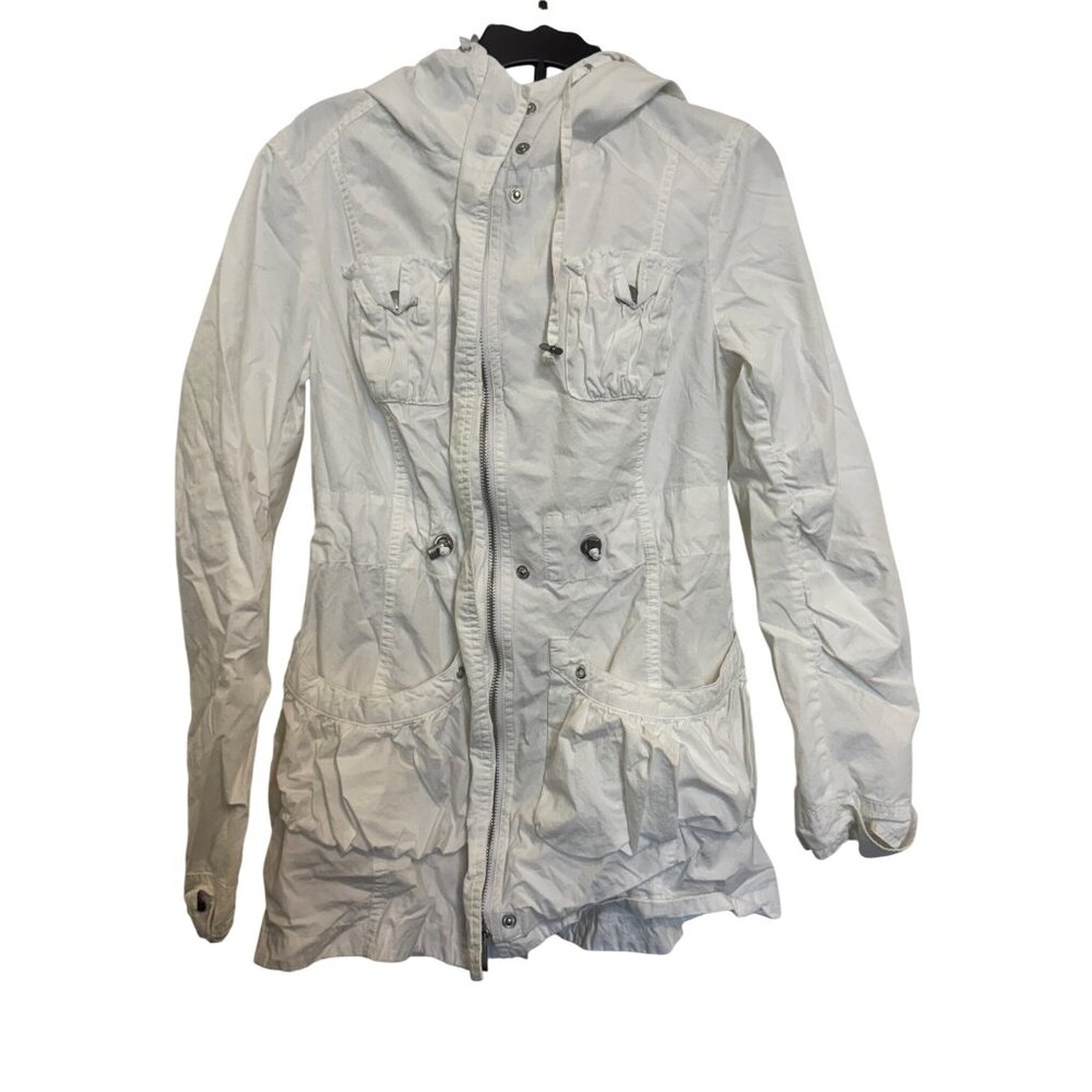 Blanc Noir White Hooded Cotton Jacket Womens Size S Full Zip Front Functional Po